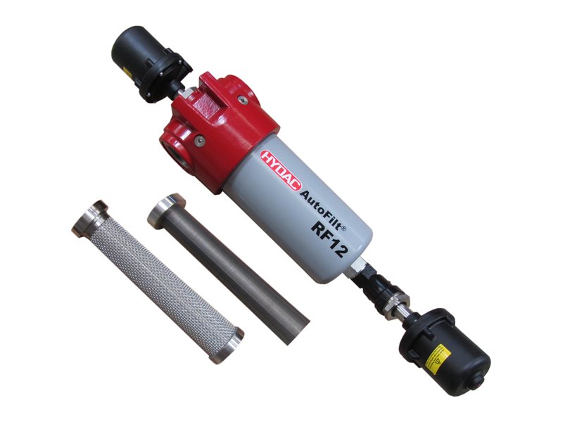 Қызыл корпустағы ықшам HYDAC AutoFilt RF12 сүзгісі және оның екі сүзгі элементі